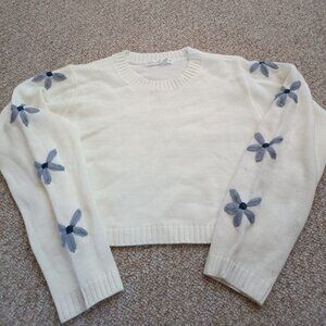 Crop Top Sweater, Ivory with Blue Flowers on the sleeves NWT